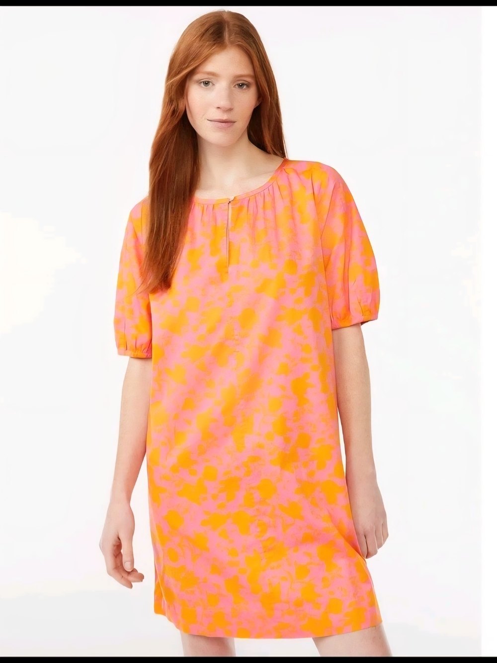 Free Assembly Women's Shirred Neck Mini Dress with Short Sleeves Pockets Sz S